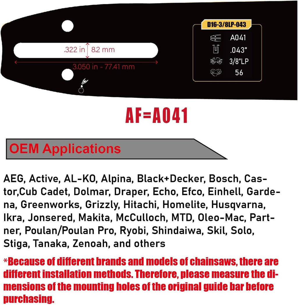 16" Chainsaw Bar & Saw Chain for Dewalt DCCS670,Milwaukee M18 2727-20, EGO CS1600/CS1604,WORX WG385,POULAN 300E,CRAFTSMAN CMCCS660