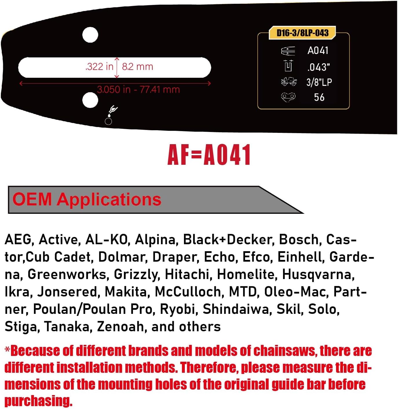 16" Chainsaw Bar & Saw Chain for Dewalt DCCS670,Milwaukee M18 2727-20, EGO CS1600/CS1604,WORX WG385,POULAN 300E,CRAFTSMAN CMCCS660